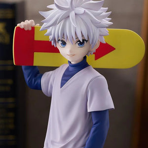 Close-up of the Killua Zoldyck figure's face and torso, highlighting his white hair, blue eyes, and serene expression.