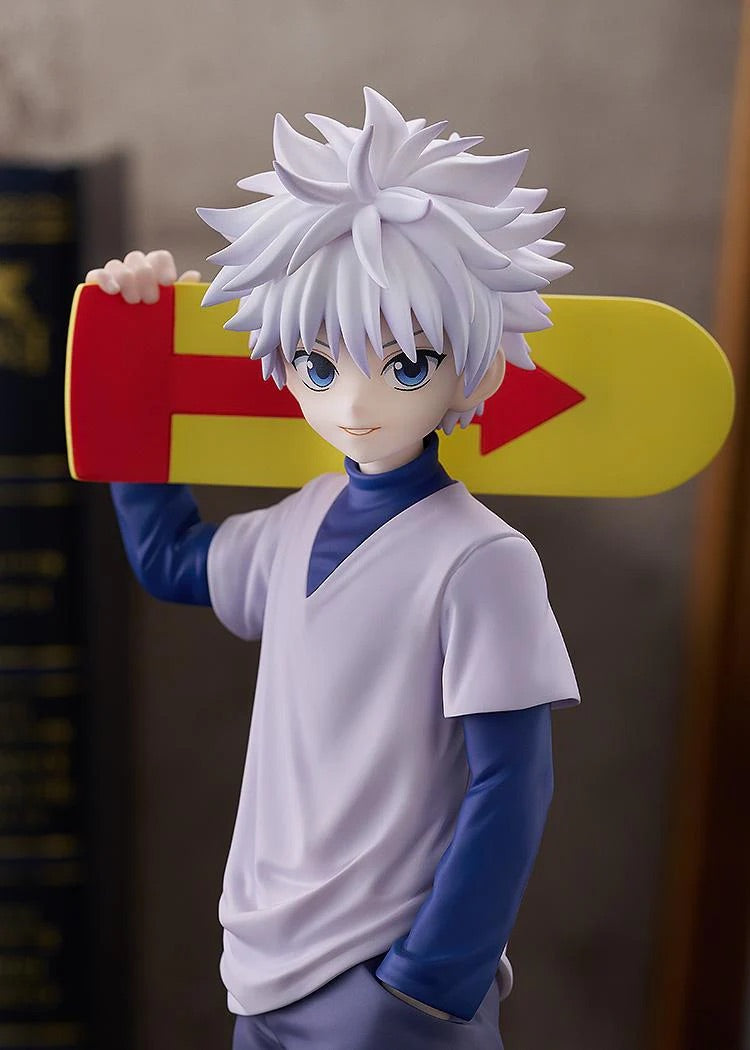 Close-up of the Killua Zoldyck figure's face and torso, highlighting his white hair, blue eyes, and serene expression.
