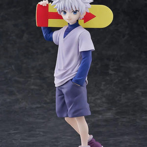 Full body shot of the Killua Zoldyck figure, showcasing the light purple shirt, blue shorts, and purple sneakers.