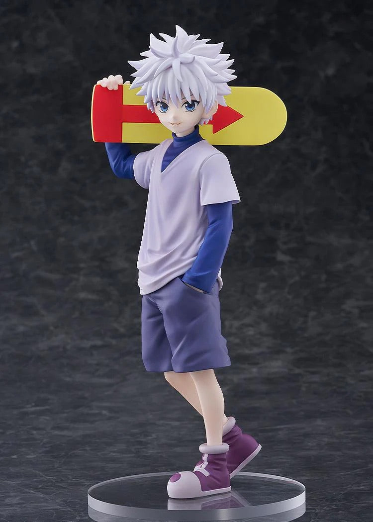 Full body shot of the Killua Zoldyck figure, showcasing the light purple shirt, blue shorts, and purple sneakers.