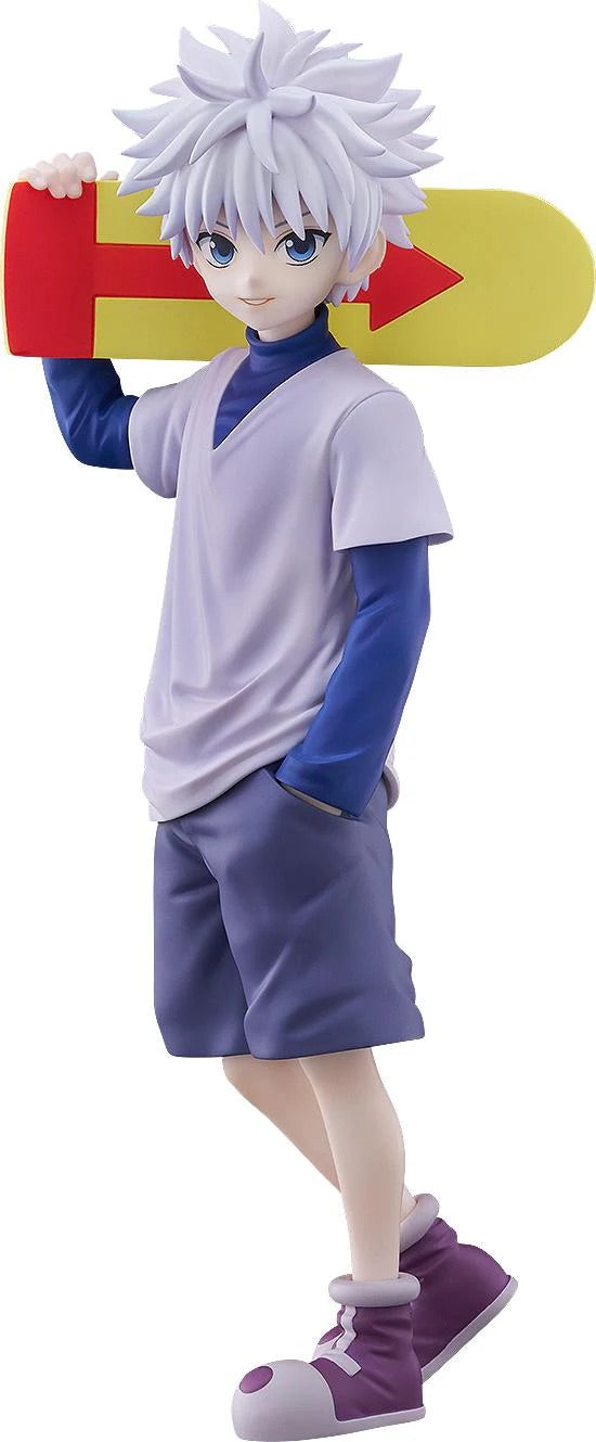 Full frontal view of the Good Smile Pop Up Parade L Killua Zoldyck Figure, holding his signature yellow skateboard.