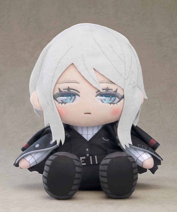 Front view product studio shot of the Faust plushie from Limbus Company sitting against a neutral grey background.