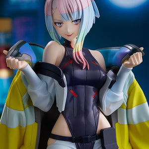 Close-up of the Lucy figure's face and upper body, set against a blurred Night City background with a blue moon.
