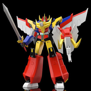 Front view of the fully combined MODEROID Ganbaruger robot model kit holding a sword and shield against a solid black background.