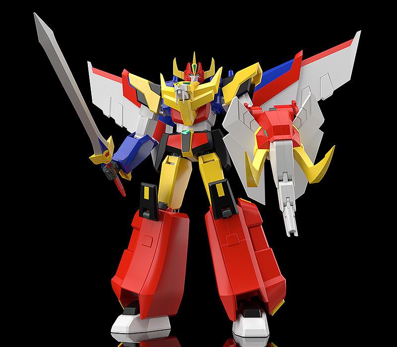 Front view of the fully combined MODEROID Ganbaruger robot model kit holding a sword and shield against a solid black background.