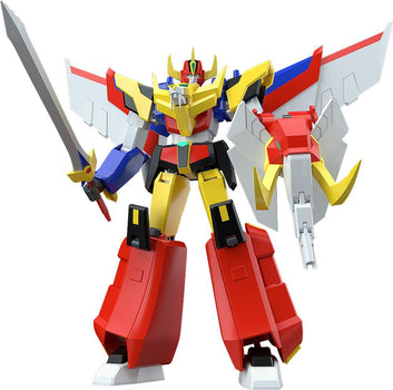 Good Smile Company MODEROID Ganbaruger model kit in its fully combined robot form holding its sword and elephant-headed shield on a white background.