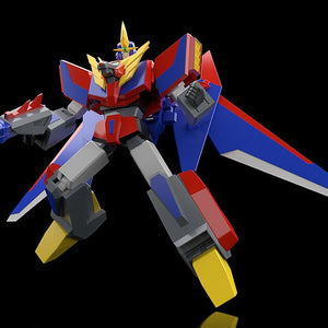 Front view action pose of the fully assembled MODEROID Gekiryuger anime mecha model kit in Fighter Mode against a black background.