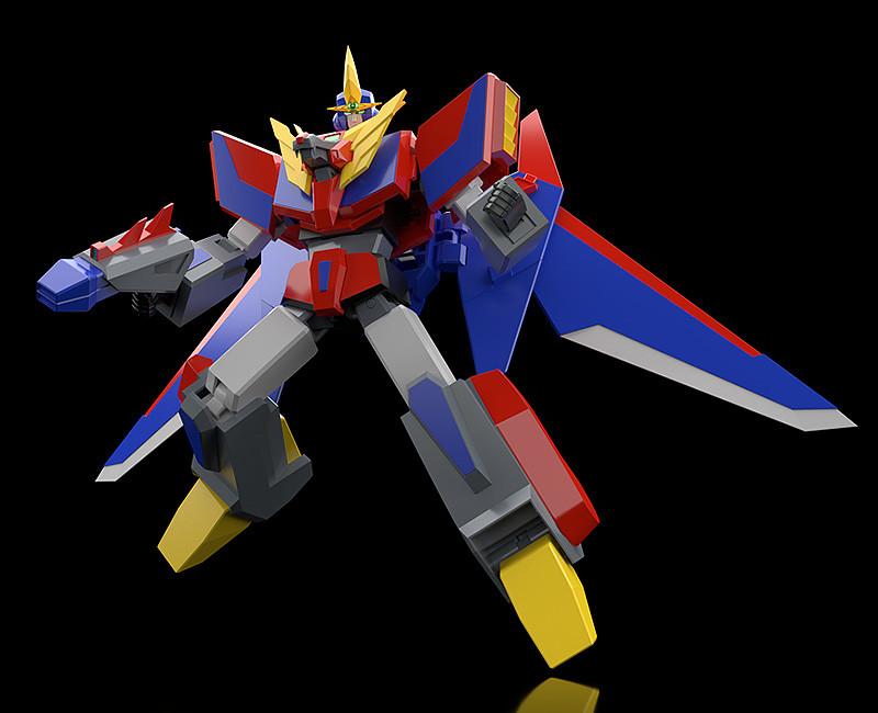 Front view action pose of the fully assembled MODEROID Gekiryuger anime mecha model kit in Fighter Mode against a black background.