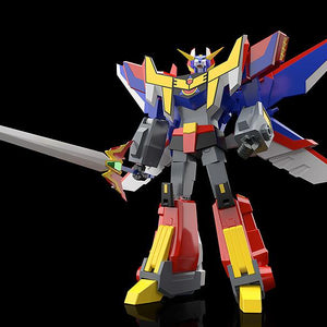 Low-angle studio shot of the ultimate combined form, MODEROID Great Ganbaruger, holding a massive golden sword.