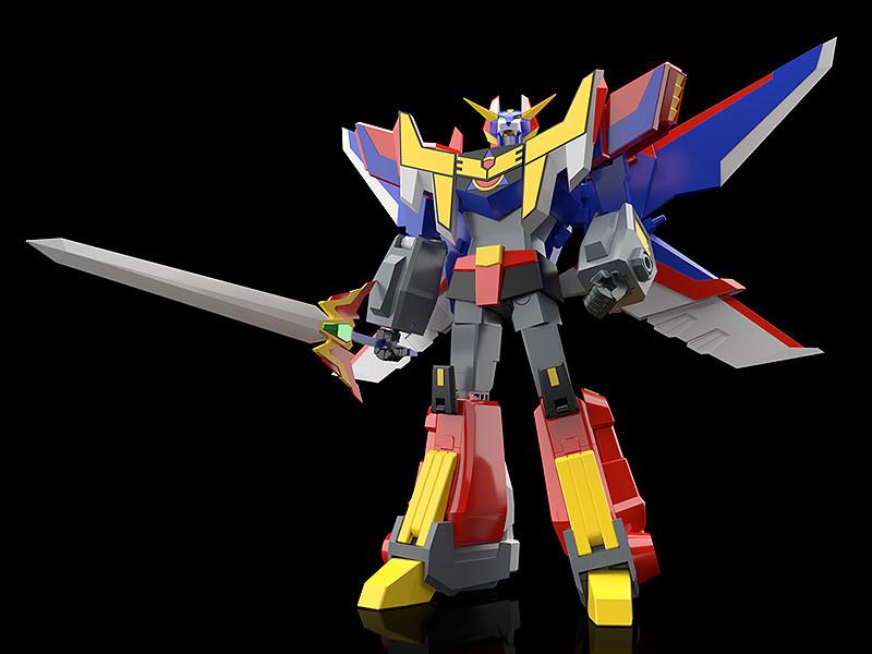 Low-angle studio shot of the ultimate combined form, MODEROID Great Ganbaruger, holding a massive golden sword.