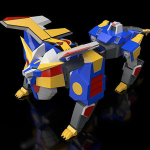 Good Smile Company MODEROID Revolger transformed into its golden and blue robotic lion Animal Mode viewed from an upper angle.