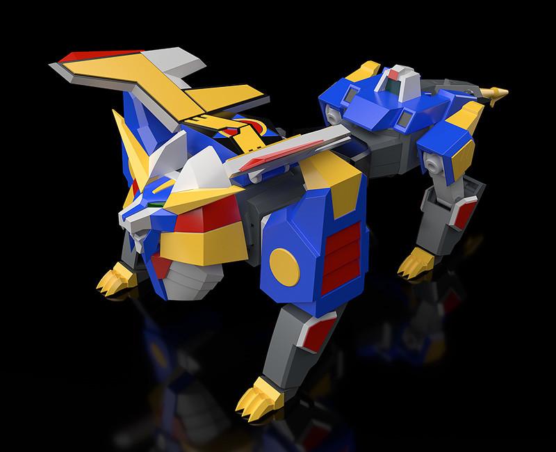 Good Smile Company MODEROID Revolger transformed into its golden and blue robotic lion Animal Mode viewed from an upper angle.