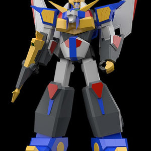 Front view of the fully assembled MODEROID Revolger anime robot model kit in Fighter Mode against a solid black background.