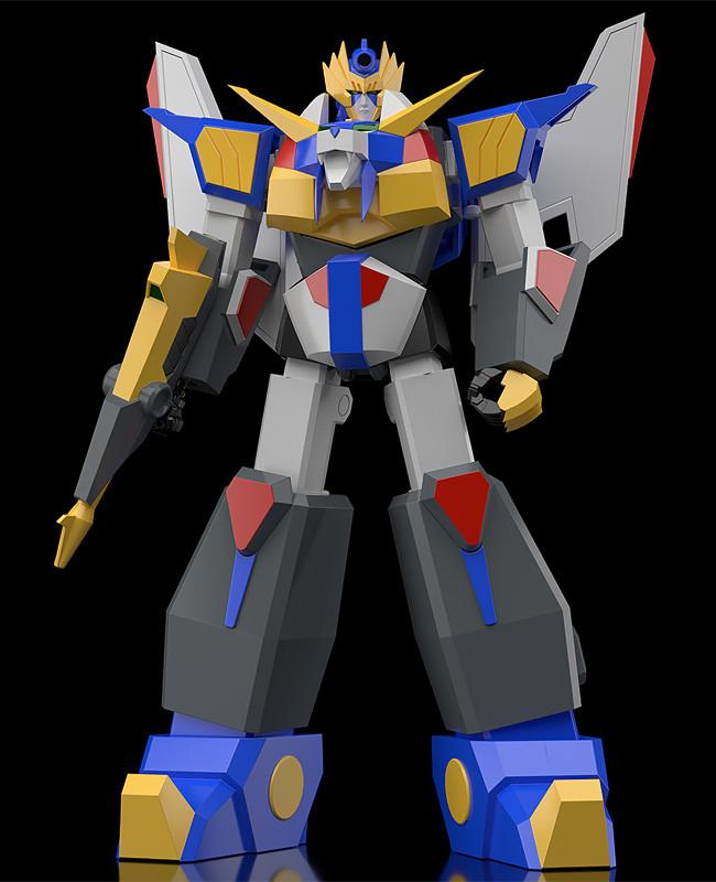 Front view of the fully assembled MODEROID Revolger anime robot model kit in Fighter Mode against a solid black background.