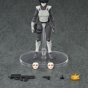 Display of all the included accessories: the main figure, swappable face plates, submachine gun, pistol, muzzle flash effect, and multiple swappable hands.