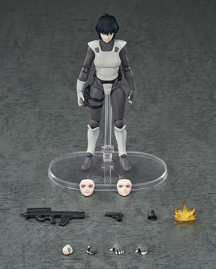 Display of all the included accessories: the main figure, swappable face plates, submachine gun, pistol, muzzle flash effect, and multiple swappable hands.