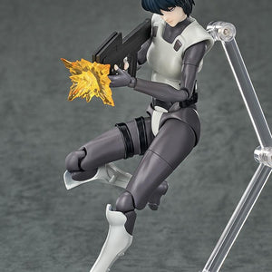 Motoko Kusanagi figure in a leaping/jumping pose, firing her submachine gun with the attached orange muzzle flash effect.