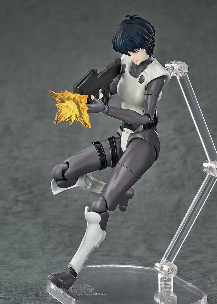 Motoko Kusanagi figure in a leaping/jumping pose, firing her submachine gun with the attached orange muzzle flash effect.