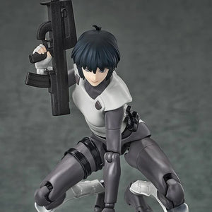 Motoko Kusanagi figure in a deep kneeling/crouching position, aiming her submachine gun, demonstrating the figure's hyper articulation.
