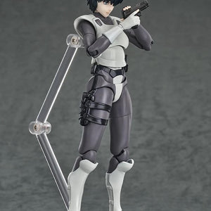 Motoko Kusanagi figure in a standing pose, aiming her pistol with two hands, showcasing her white armored boots.