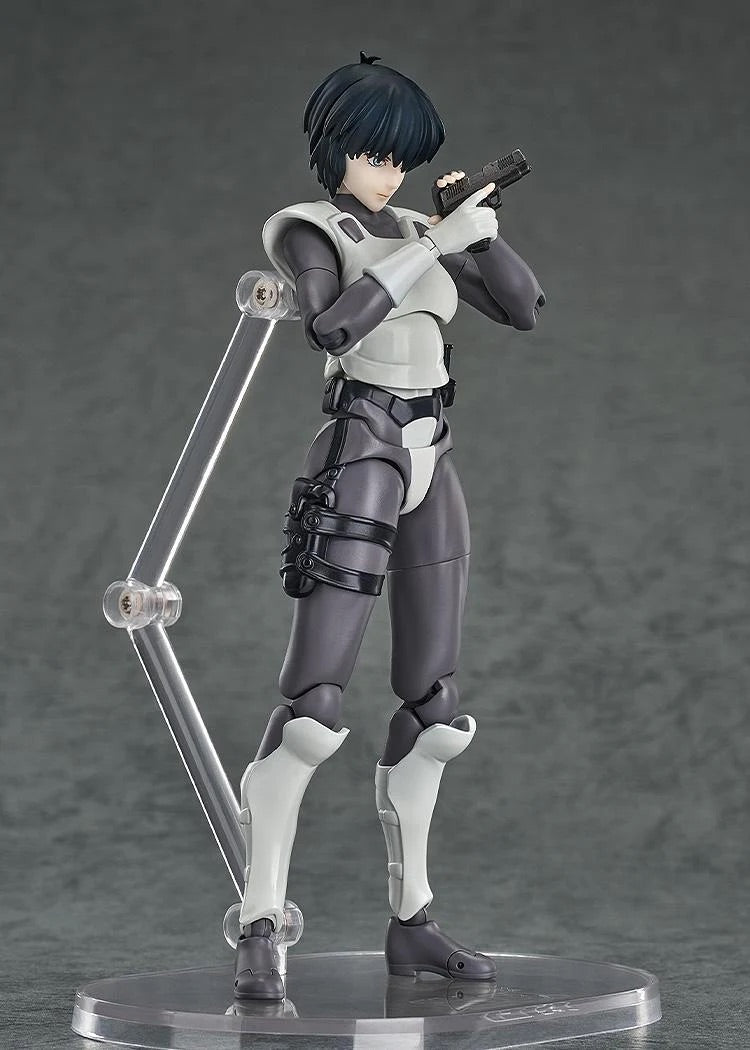 Motoko Kusanagi figure in a standing pose, aiming her pistol with two hands, showcasing her white armored boots.