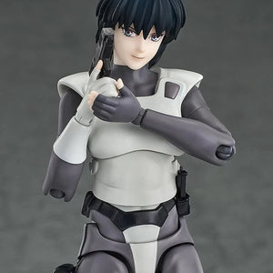 A close-up of the Motoko Kusanagi figure featuring the "sidelong glancing" face plate and holding the pistol near her chest.