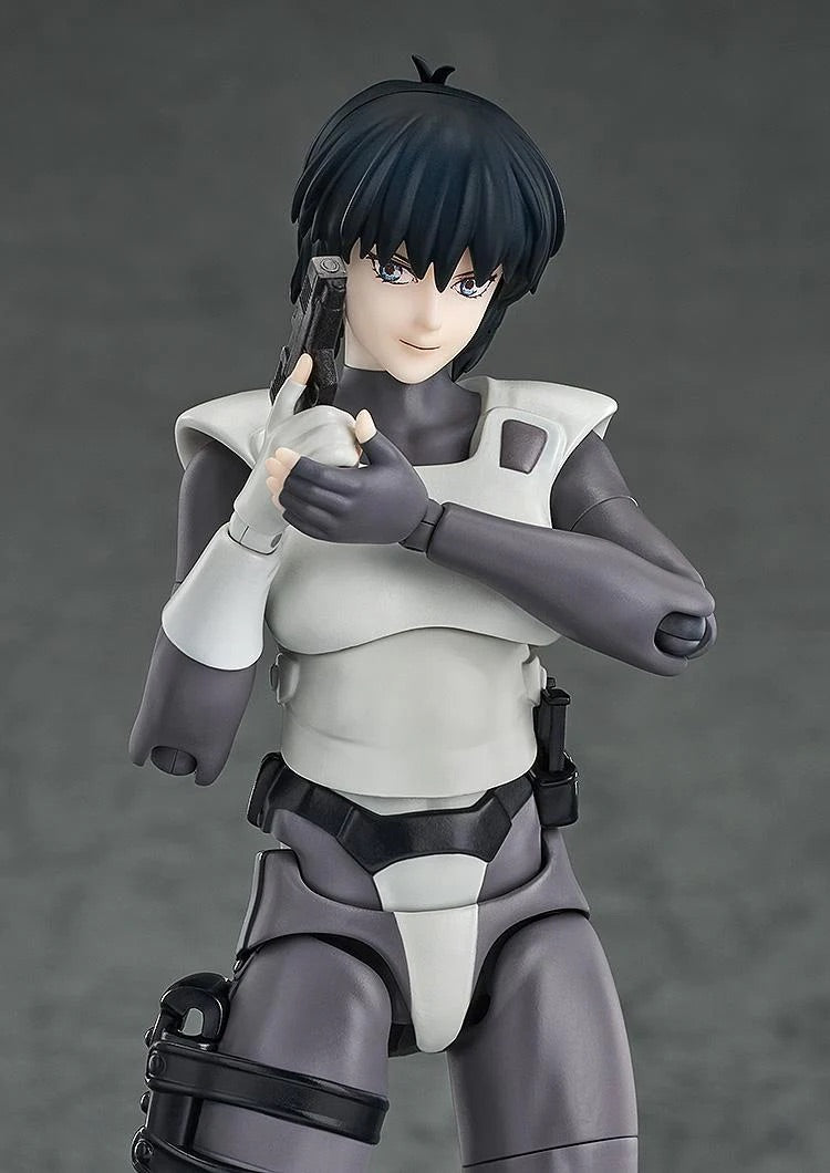 A close-up of the Motoko Kusanagi figure featuring the "sidelong glancing" face plate and holding the pistol near her chest.
