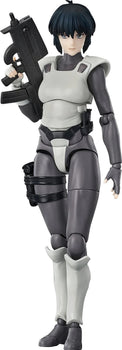 Full frontal view of the Good Smile Motoko Kusanagi Hyper Body Figure, holding her submachine gun and wearing her gray and white armored suit.