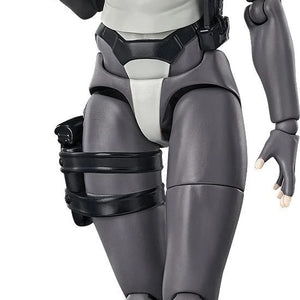Full frontal view of the Good Smile Motoko Kusanagi Hyper Body Figure, holding her submachine gun and wearing her gray and white armored suit.