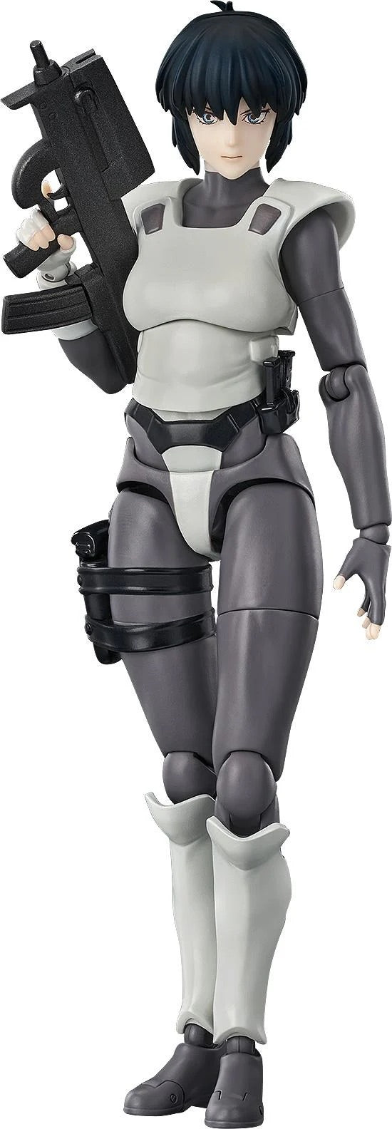 Full frontal view of the Good Smile Motoko Kusanagi Hyper Body Figure, holding her submachine gun and wearing her gray and white armored suit.