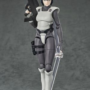 Full frontal studio shot of the Motoko Kusanagi figure holding the submachine gun, showcasing the articulation.