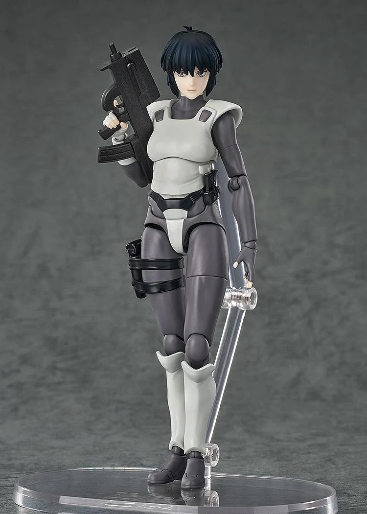 Full frontal studio shot of the Motoko Kusanagi figure holding the submachine gun, showcasing the articulation.