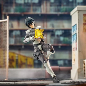 Motoko Kusanagi figure in a dynamic pose, firing her submachine gun, with the orange muzzle flash effect part attached.