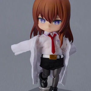 The Kurisu Makise Nendoroid Doll in a forward-leaning pose, showing the motion in her fabric lab coat and shirt.