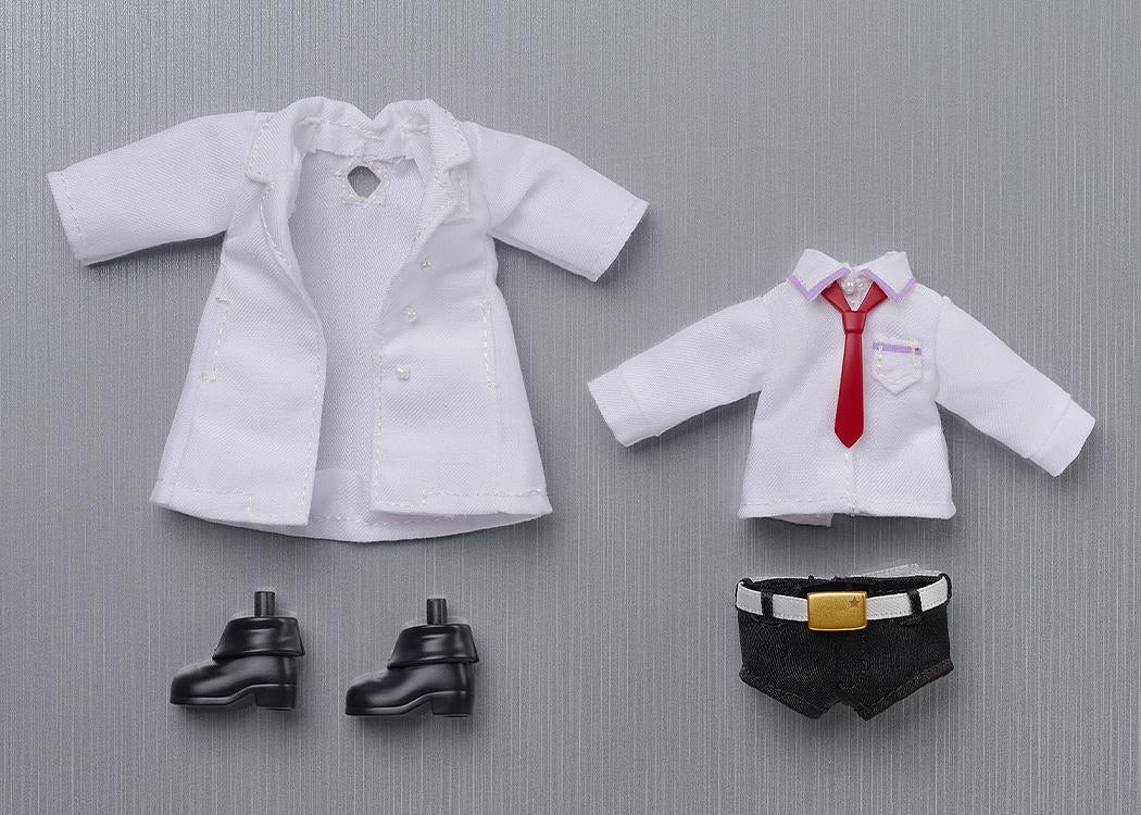 A laydown shot of all the fabric clothing pieces (lab coat, shirt/tie, shorts) and the black boots accessory.