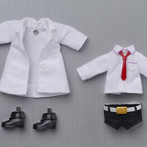 A laydown shot of all the fabric clothing pieces (lab coat, shirt/tie, shorts) and the black boots accessory.