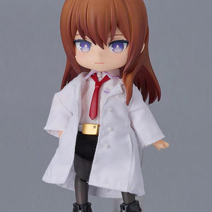 The Kurisu Makise Nendoroid Doll in a neutral standing pose, showcasing the tailored fabric lab coat and black boots.