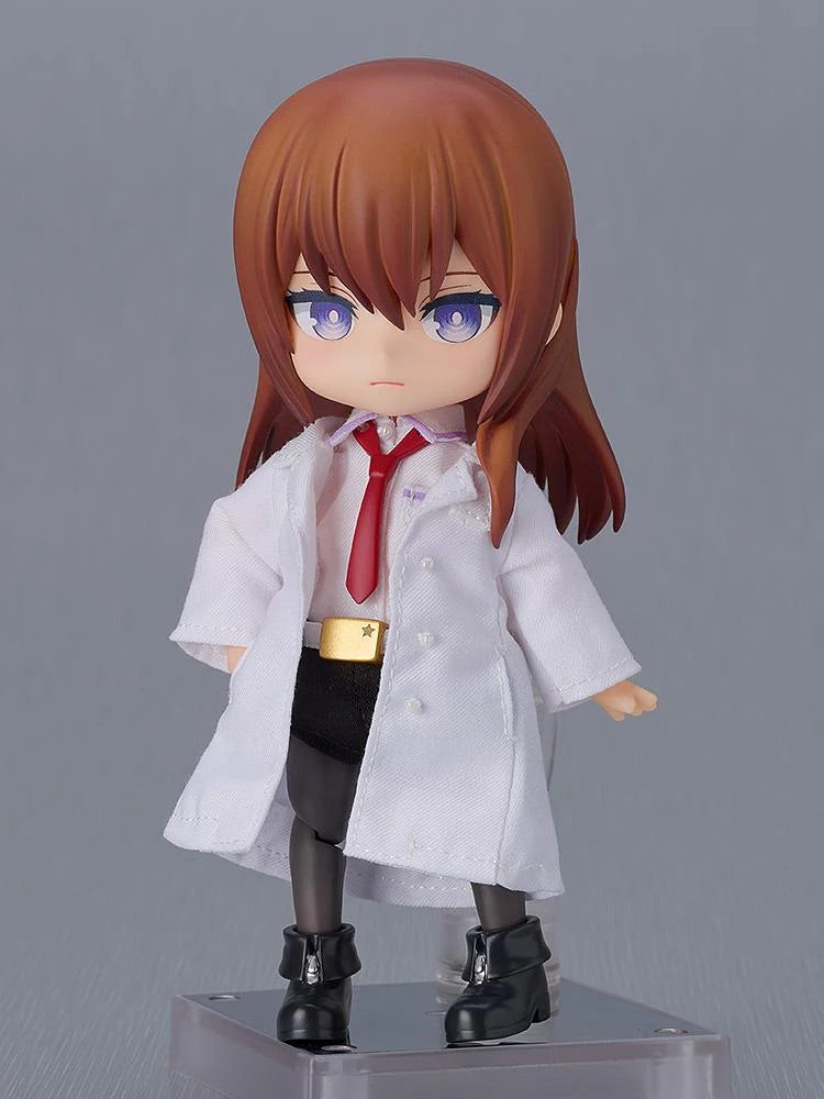 The Kurisu Makise Nendoroid Doll in a neutral standing pose, showcasing the tailored fabric lab coat and black boots.