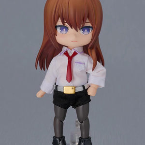 The Kurisu Makise Nendoroid Doll without the lab coat, showing her shirt, shorts, and black tights.