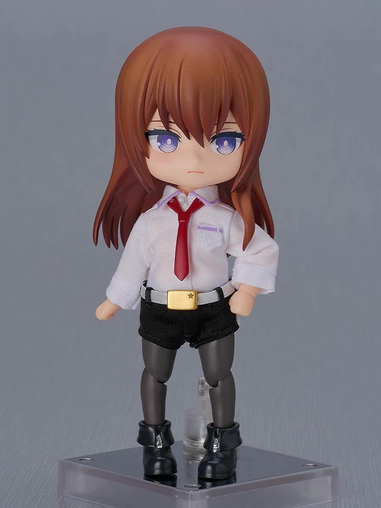 The Kurisu Makise Nendoroid Doll without the lab coat, showing her shirt, shorts, and black tights.