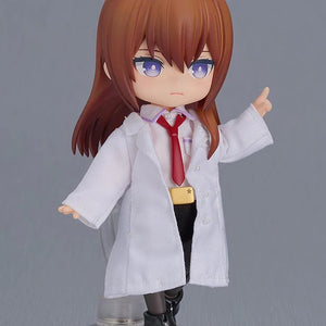 The Kurisu Makise Nendoroid Doll in a dynamic pose with her arm raised, wearing the fabric lab coat.