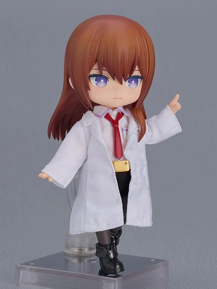 The Kurisu Makise Nendoroid Doll in a dynamic pose with her arm raised, wearing the fabric lab coat.