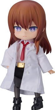 Full frontal view of the Good Smile Nendoroid Doll Kurisu Makise, wearing her fabric lab coat and red tie.