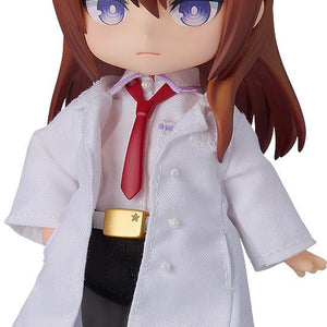 Full frontal view of the Good Smile Nendoroid Doll Kurisu Makise, wearing her fabric lab coat and red tie.