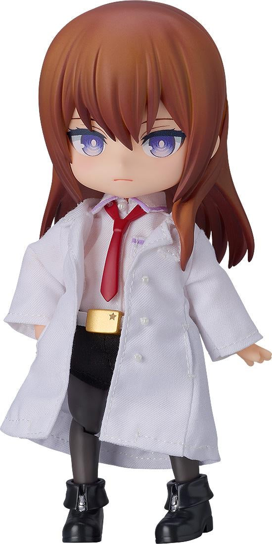 Full frontal view of the Good Smile Nendoroid Doll Kurisu Makise, wearing her fabric lab coat and red tie.