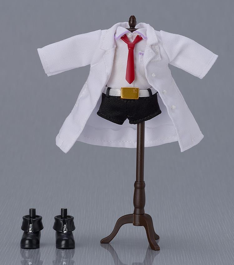 A display of the fabric clothing accessories: the lab coat, shirt and tie, shorts, and separate boots.