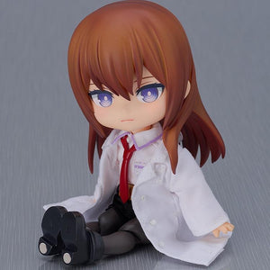The Kurisu Makise Nendoroid Doll in a seated pose, demonstrating the articulation in the doll body.