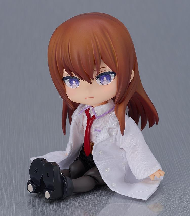 The Kurisu Makise Nendoroid Doll in a seated pose, demonstrating the articulation in the doll body.