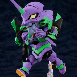 The Nendoroid EVA Unit-01 figure in a dynamic running pose, showcasing the high articulation of the large chibi body.