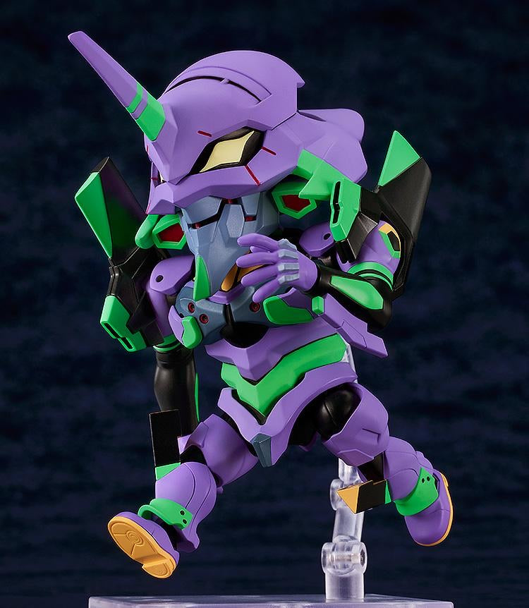 The Nendoroid EVA Unit-01 figure in a dynamic running pose, showcasing the high articulation of the large chibi body.